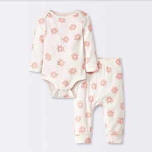 cloud island Cream and Pink Floral Ribbed Baby Matching Set